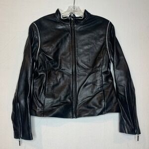 VTG Kasper Women' Leather Jacket L Black White Moto
